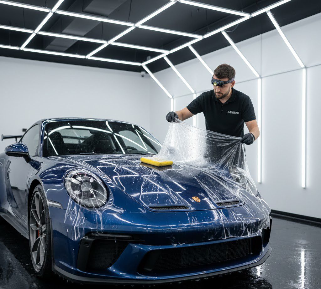 installer doing ppf on porche